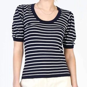 CURRENT AIR Classic Short Sleeve Sweater TOP IN BLACK WHITE STRIPE WOMEN EUC